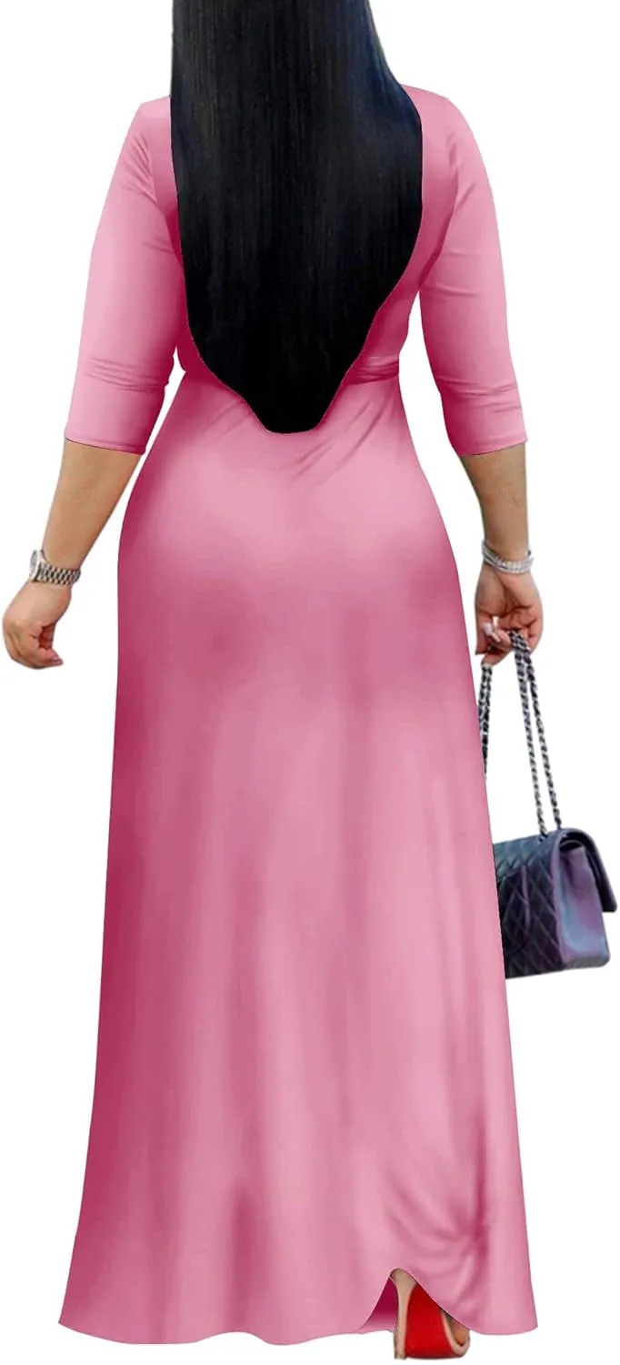 Mrskoala Women Plus Size Long Maxi Wrap Dresses Summer Sundress V-Neck 3/4 Sleeve