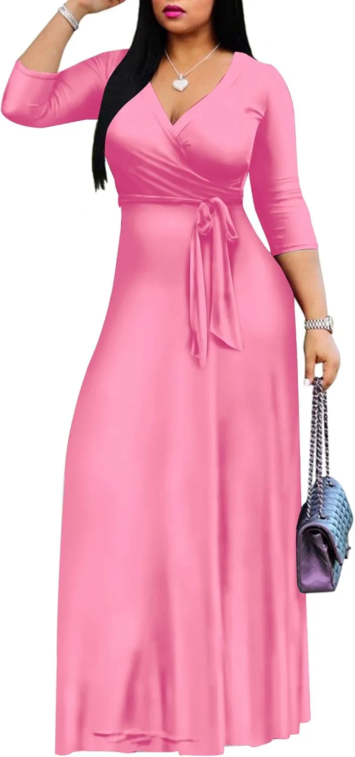Mrskoala Women Plus Size Long Maxi Wrap Dresses Summer Sundress V-Neck 3/4 Sleeve