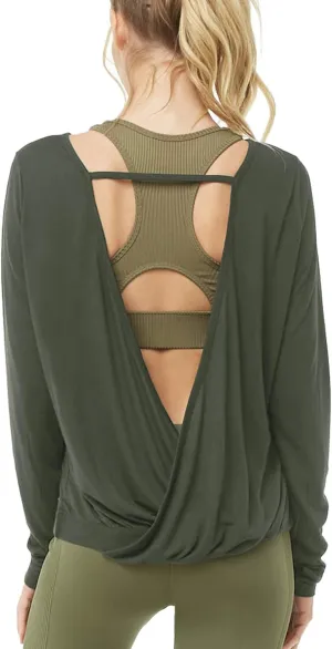 Muzniuer Women's Long Sleeve Open Back Workout Shirts Loose Backless Yoga Shirts Thumb Hole Shirts