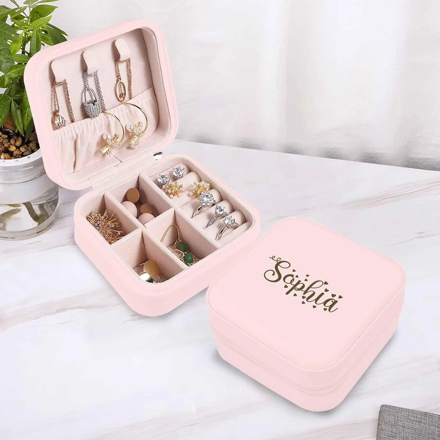 MyPupSocks Personalized Travel Jewelry Organizer Box for Girls, Custom Name Logo Jewelry Case for Women, Customized Jewelry Organizer Earring Holder for Bridesmaid Her Wedding Anniversary