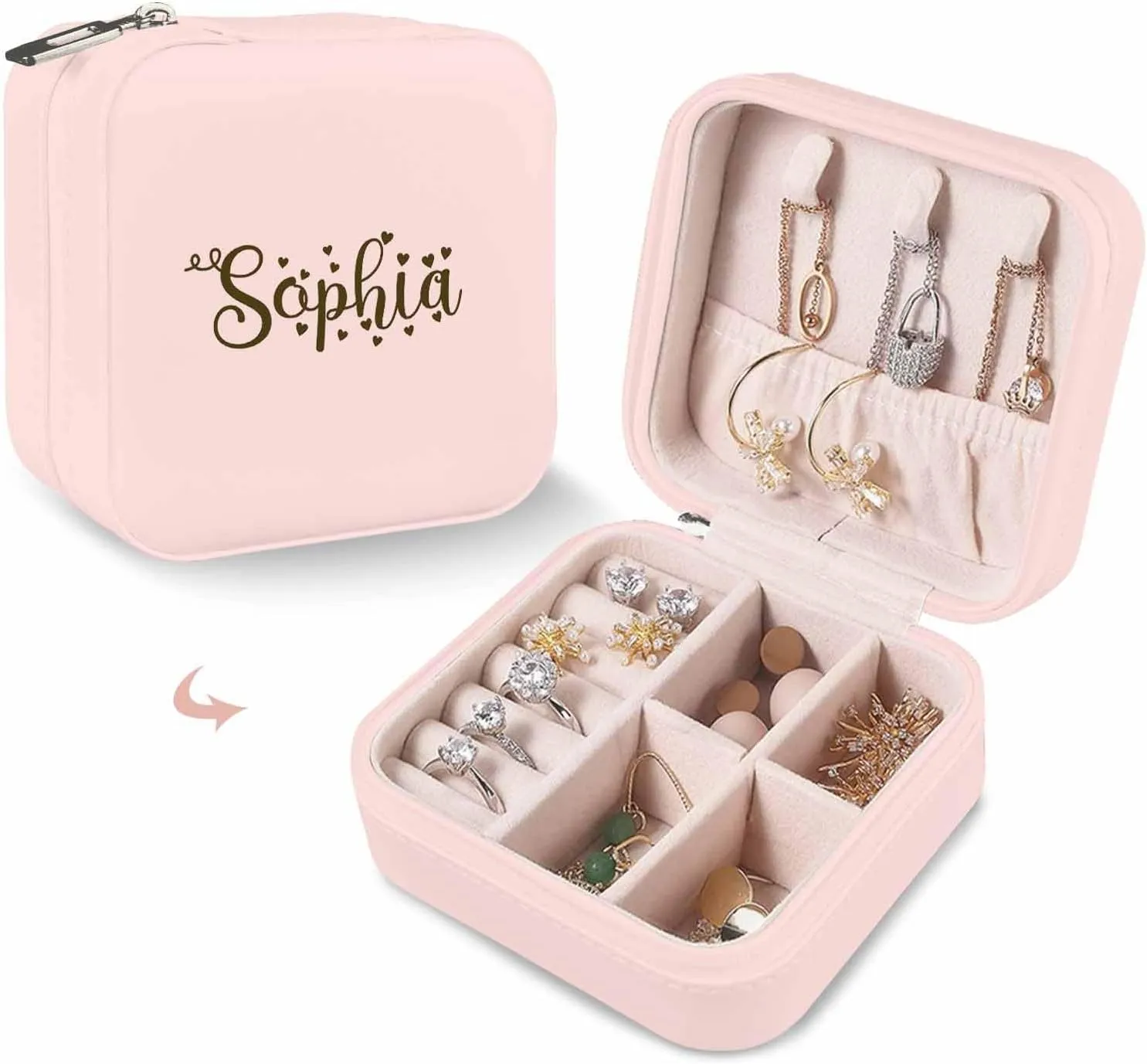 MyPupSocks Personalized Travel Jewelry Organizer Box for Girls, Custom Name Logo Jewelry Case for Women, Customized Jewelry Organizer Earring Holder for Bridesmaid Her Wedding Anniversary