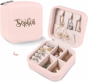MyPupSocks Personalized Travel Jewelry Organizer Box for Girls, Custom Name Logo Jewelry Case for Women, Customized Jewelry Organizer Earring Holder for Bridesmaid Her Wedding Anniversary