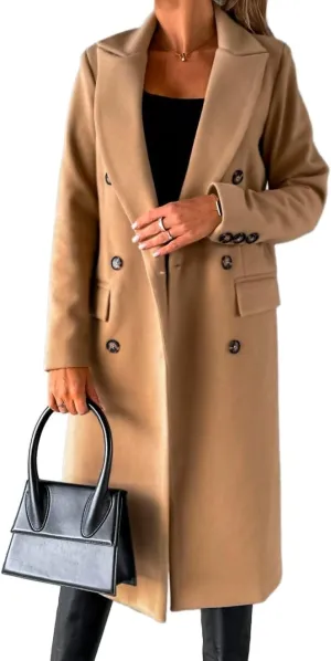 Mywinway Long Wool Coats for Women Fall Winter Trendy Jackets Double Breasted Peacoat Trench Coat