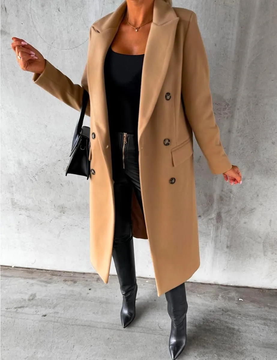 Mywinway Long Wool Coats for Women Fall Winter Trendy Jackets Double Breasted Peacoat Trench Coat