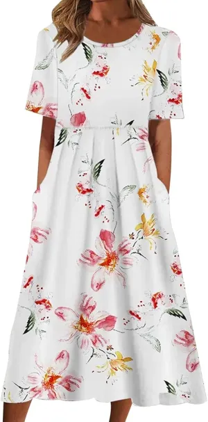 Mzkdieey Women's Summer Casual Loose Short Sleeve Long T Shirt Dress Boho Floral Maxi Beach Sundress Travel Vacation Outfits