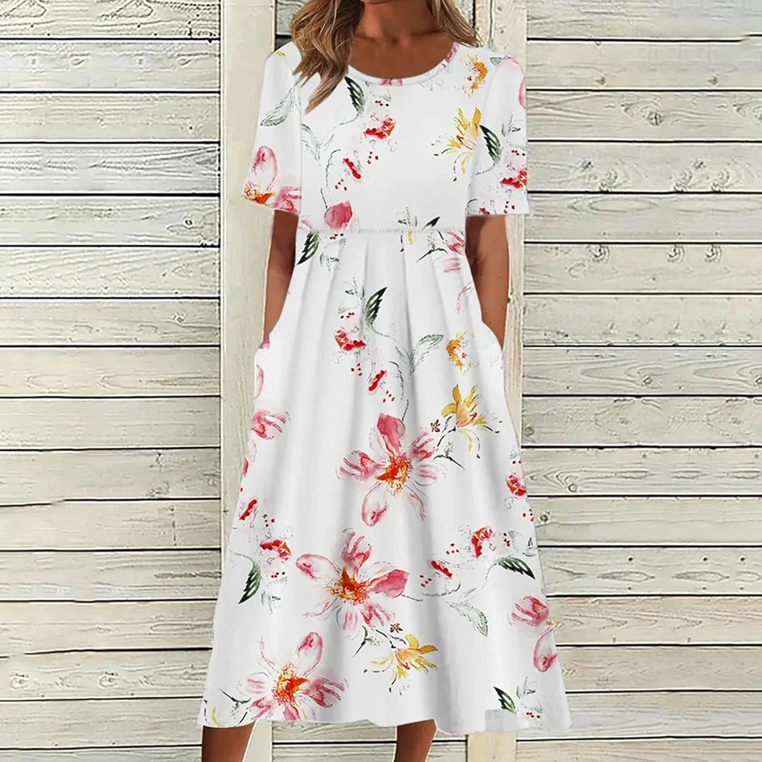 Mzkdieey Women's Summer Casual Loose Short Sleeve Long T Shirt Dress Boho Floral Maxi Beach Sundress Travel Vacation Outfits