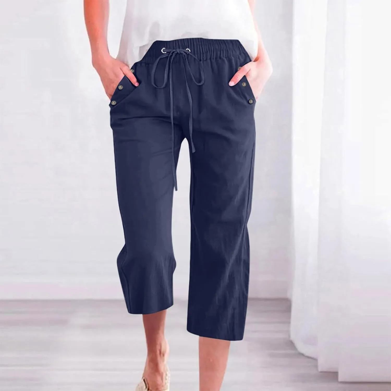 NBXNZWF Capri Pants for Women Cotton Linen 2025 Summer Casual Straight Wide Leg Cropped Pants Elastic High Waist Trousers