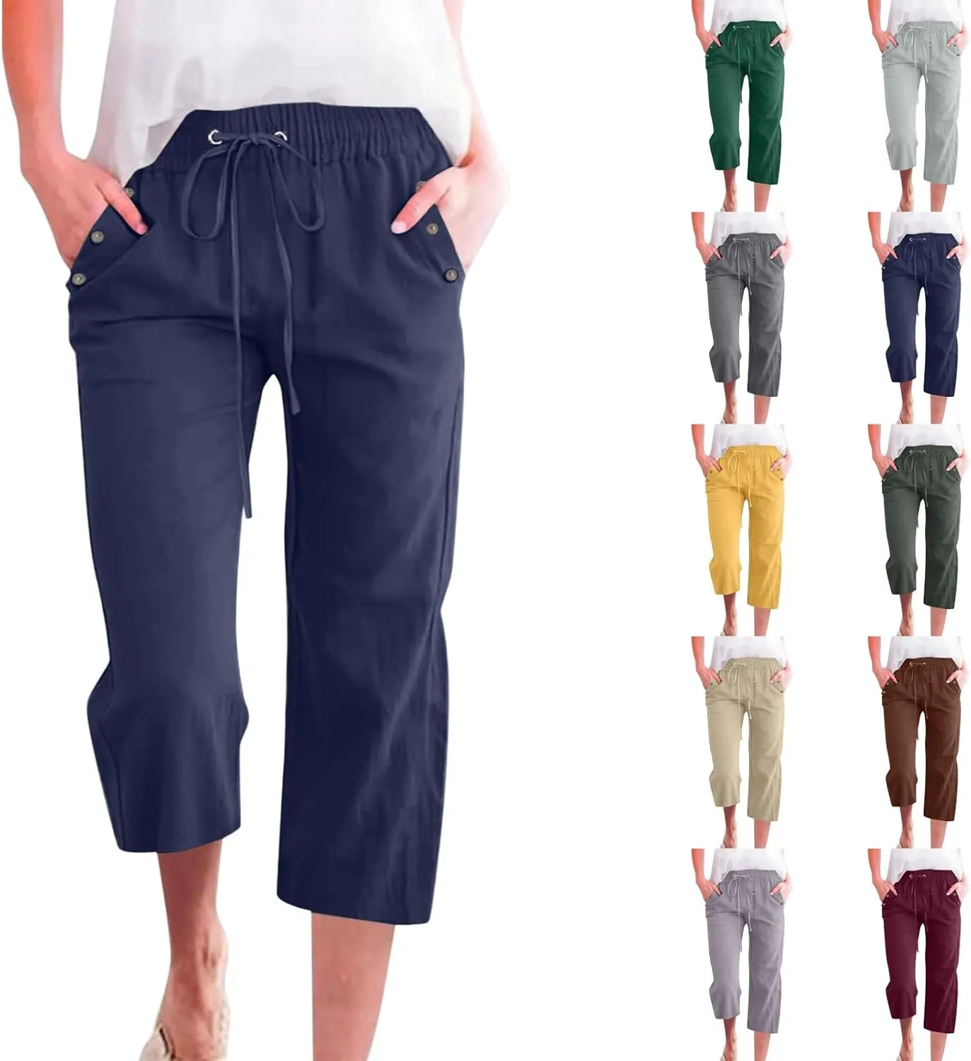 NBXNZWF Capri Pants for Women Cotton Linen 2025 Summer Casual Straight Wide Leg Cropped Pants Elastic High Waist Trousers