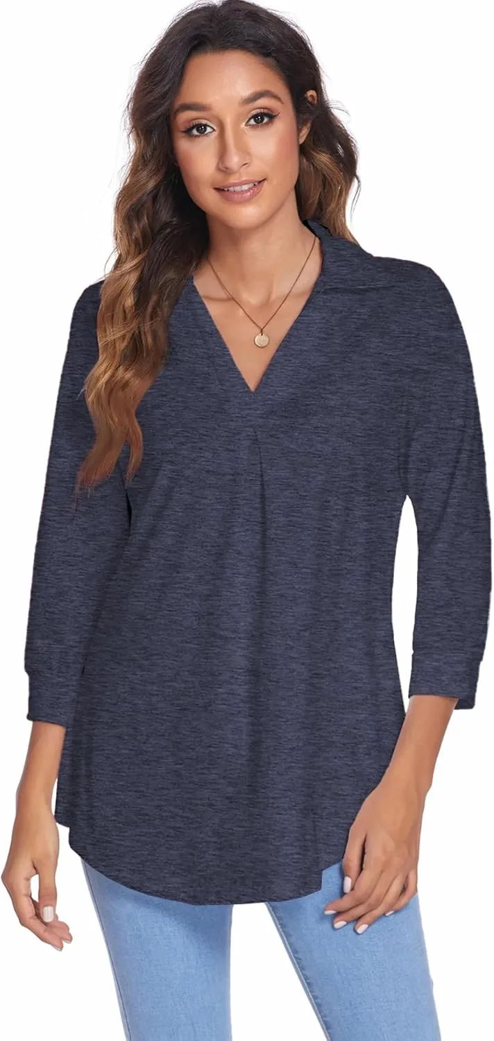 Newchoice Womens Collared V Neck 3/4 Sleeve Shirts Business Casual Tops Loose Work Blouses (S-3XL)