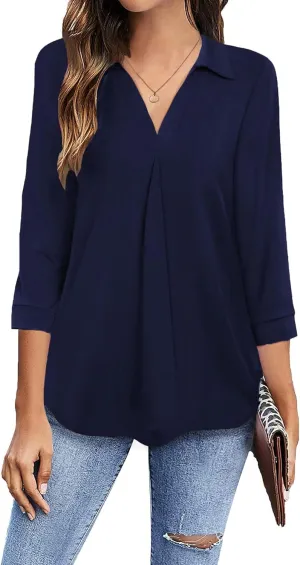 Newchoice Womens Collared V Neck 3/4 Sleeve Shirts Business Casual Tops Loose Work Blouses (S-3XL)