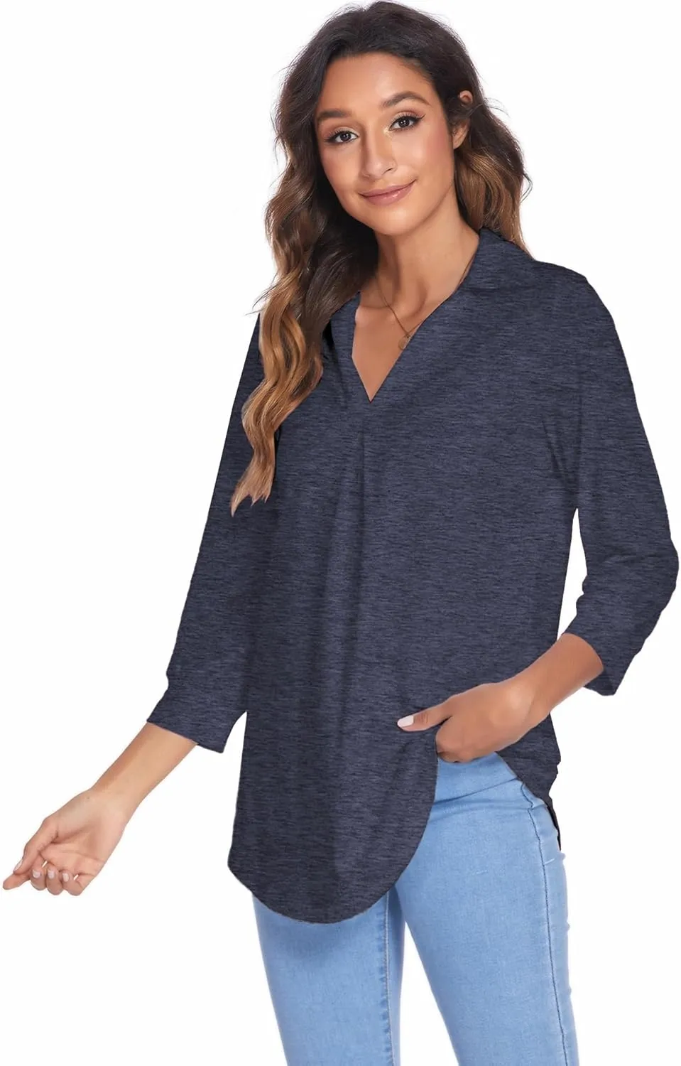 Newchoice Womens Collared V Neck 3/4 Sleeve Shirts Business Casual Tops Loose Work Blouses (S-3XL)