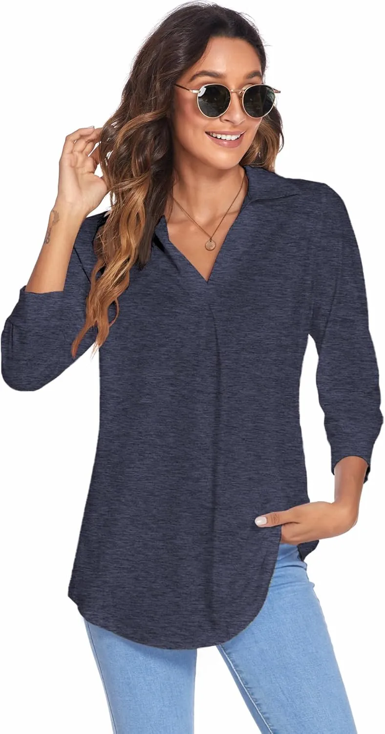 Newchoice Womens Collared V Neck 3/4 Sleeve Shirts Business Casual Tops Loose Work Blouses (S-3XL)