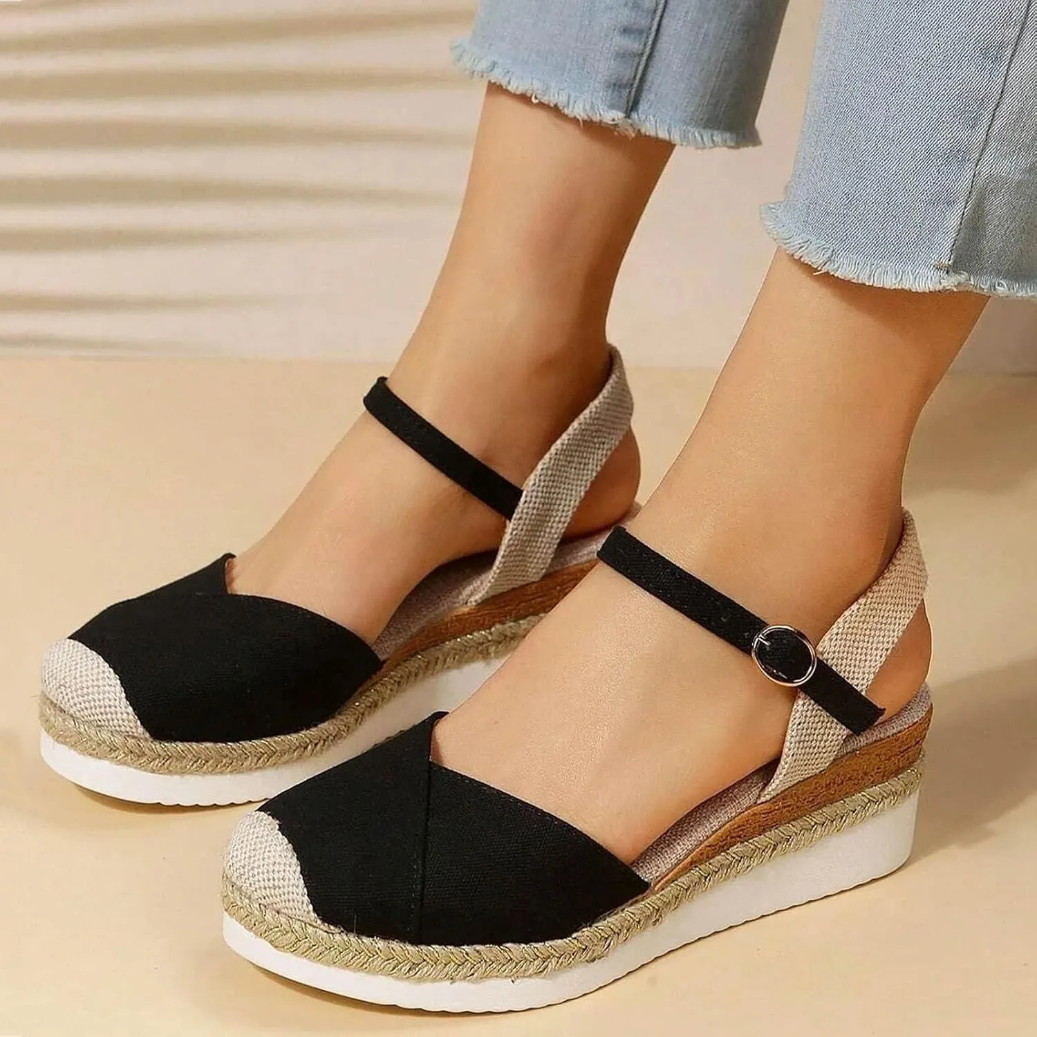 Orthopedic Platform Wedge Sandals for Women Flat Closed Toe Buckle Ankle Strap Espadrilles Sandals Comfortable Anti Slip Summer Casual Beach Shoes Dressy Espadrille Wedges Sandal
