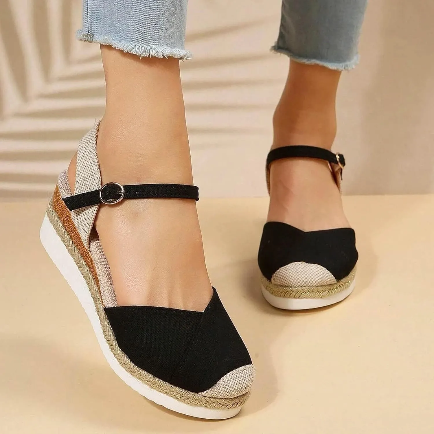 Orthopedic Platform Wedge Sandals for Women Flat Closed Toe Buckle Ankle Strap Espadrilles Sandals Comfortable Anti Slip Summer Casual Beach Shoes Dressy Espadrille Wedges Sandal