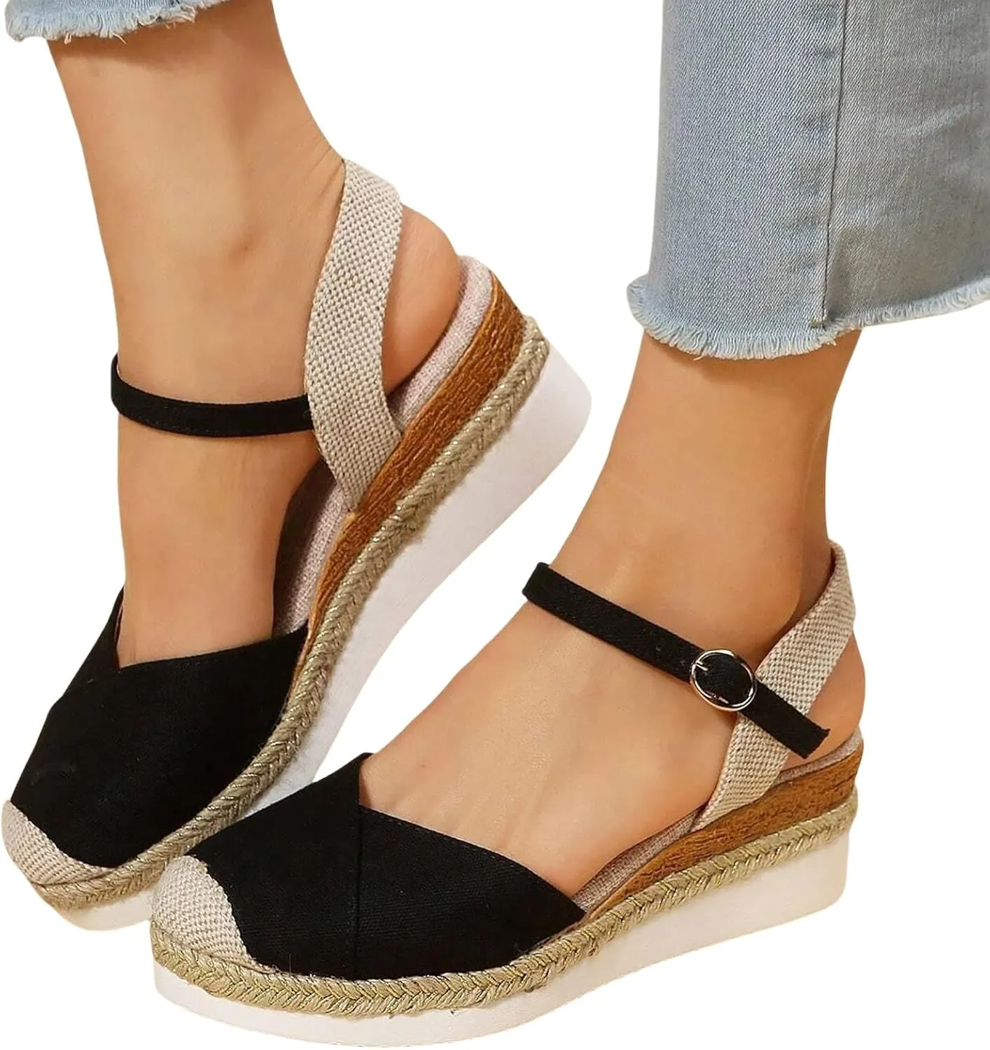 Orthopedic Platform Wedge Sandals for Women Flat Closed Toe Buckle Ankle Strap Espadrilles Sandals Comfortable Anti Slip Summer Casual Beach Shoes Dressy Espadrille Wedges Sandal