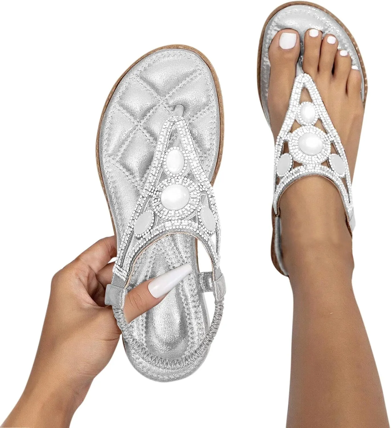 Orthopedic Sandals for Women Bohemian Rhinestone Beach Sandals Casual Elastic Strappy Flat Sandals Summer Flip Flops