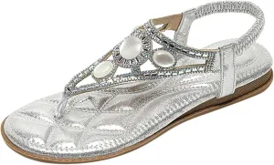 Orthopedic Sandals for Women Bohemian Rhinestone Beach Sandals Casual Elastic Strappy Flat Sandals Summer Flip Flops