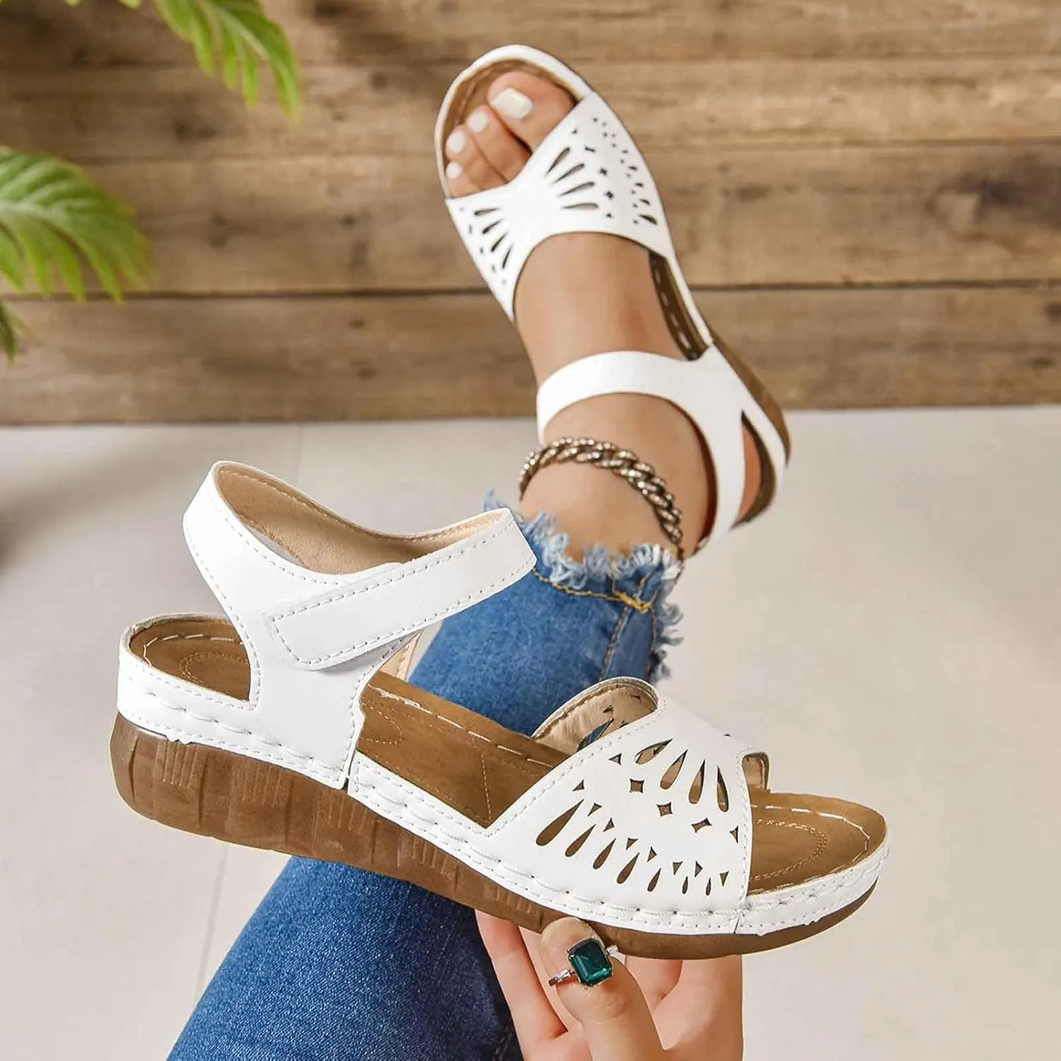 Orthopedic Sandals for Women Dressy Hollow Low Platform Sandals with Arch Support Comfortable Resort Walking Shoes