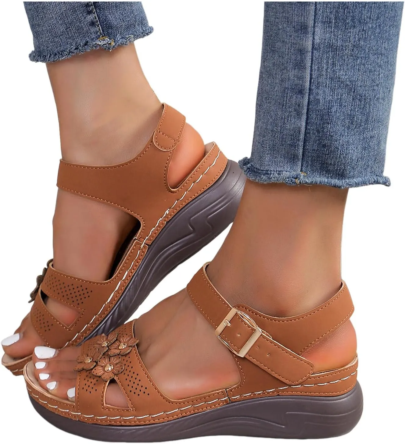 Orthopedic Wide Sandals for Women 2025, Dressy Arch Support Wedge Sandals Walking Open Toe Ankle Strap Platform Shoes