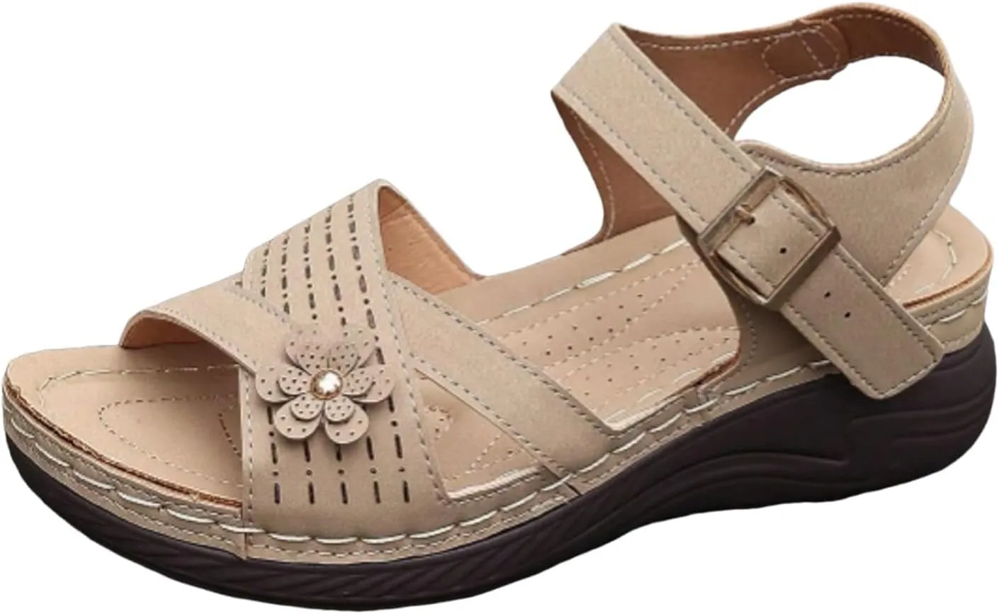 Orthopedic Wide Sandals for Women,Flower Decorative Open Toe Arch Support Ankle Strap Platform Sandals Bohemian Slip-On Shoes for Summer Beach Casual