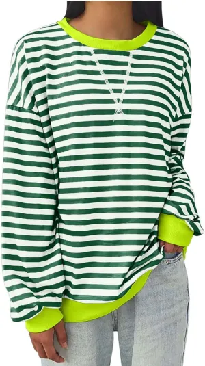 Oversized Sweatshirt Shirts for Women 2024 Fall Long Sleeve Crewneck Pullover Tops Causal Loose Striped Blouse
