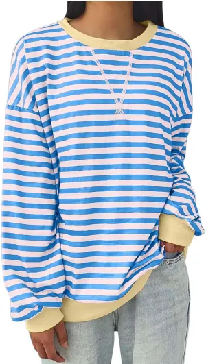 Oversized Sweatshirt Shirts for Women 2024 Fall Long Sleeve Crewneck Pullover Tops Causal Loose Striped Blouse