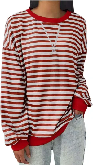 Oversized Sweatshirt Shirts for Women 2024 Fall Long Sleeve Crewneck Pullover Tops Causal Loose Striped Blouse