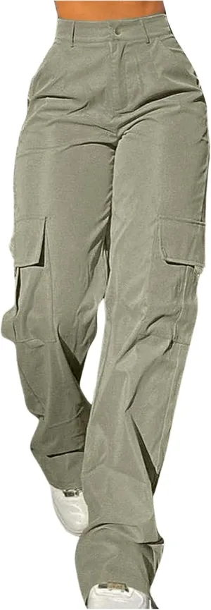 OYOANGLE Women's High Waist Flap Pocket Cargo Pants Casual Streetwear Wide Leg Pants