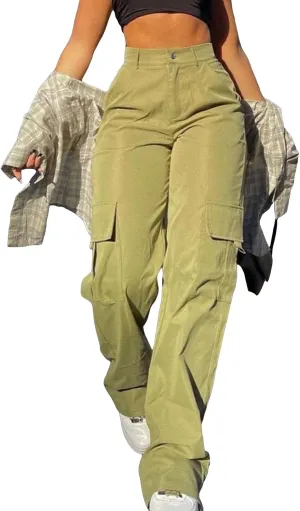 OYOANGLE Women's High Waist Flap Pocket Cargo Pants Casual Streetwear Wide Leg Pants