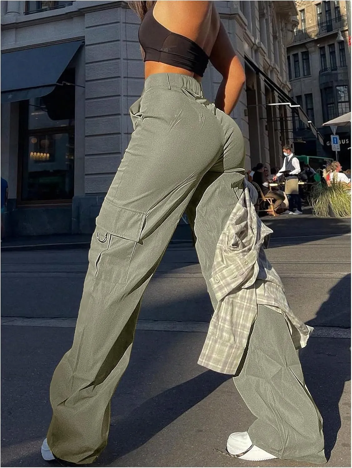 OYOANGLE Women's High Waist Flap Pocket Cargo Pants Casual Streetwear Wide Leg Pants