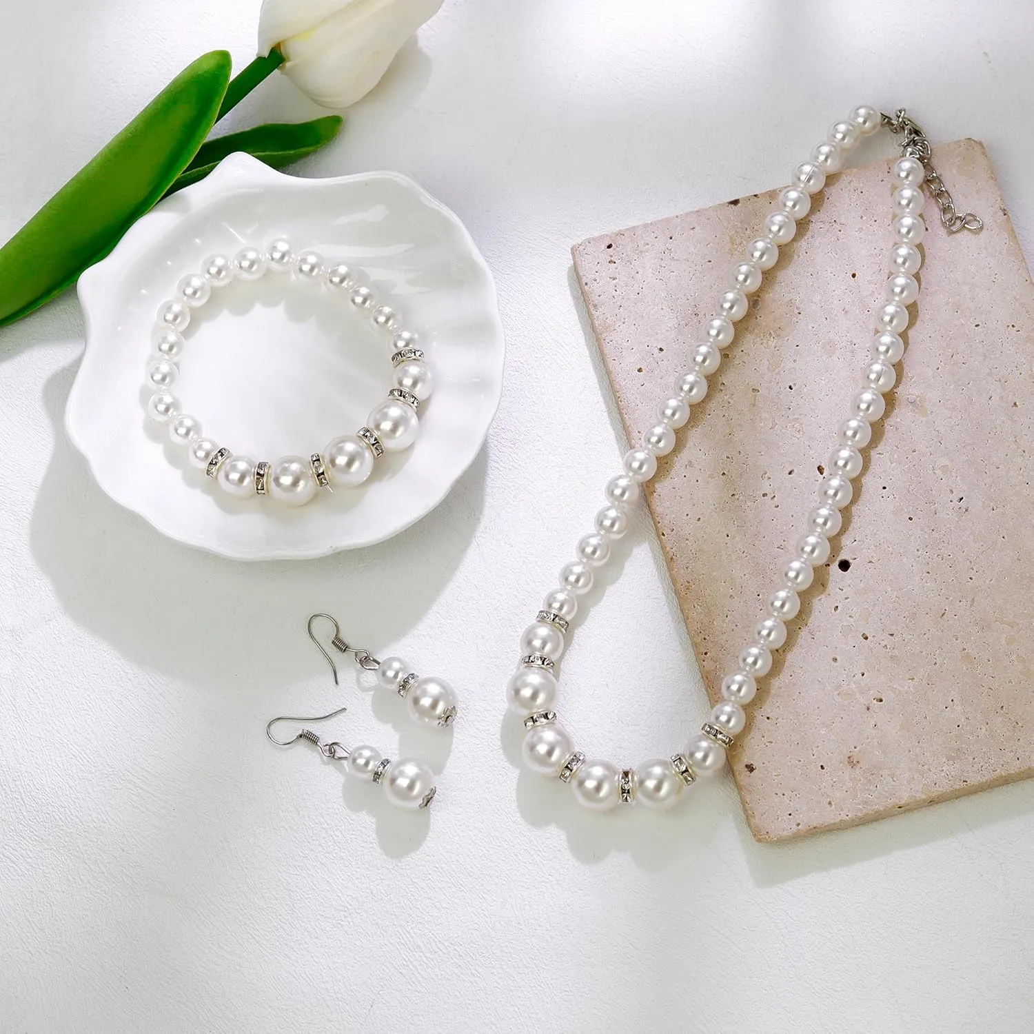 Pearl Necklace and Earrings Set, Bracelets Sets Simulated Pearl Bride Wedding Jewelry Set Accessories Wedding Necklace Jewelry Silver Gold Birthday Jewelry for Women