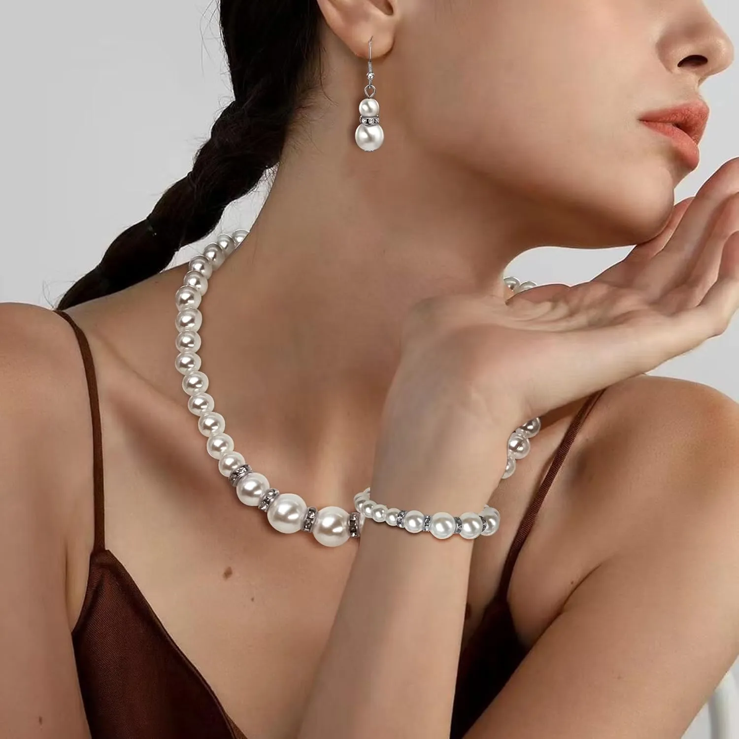 Pearl Necklace and Earrings Set, Bracelets Sets Simulated Pearl Bride Wedding Jewelry Set Accessories Wedding Necklace Jewelry Silver Gold Birthday Jewelry for Women