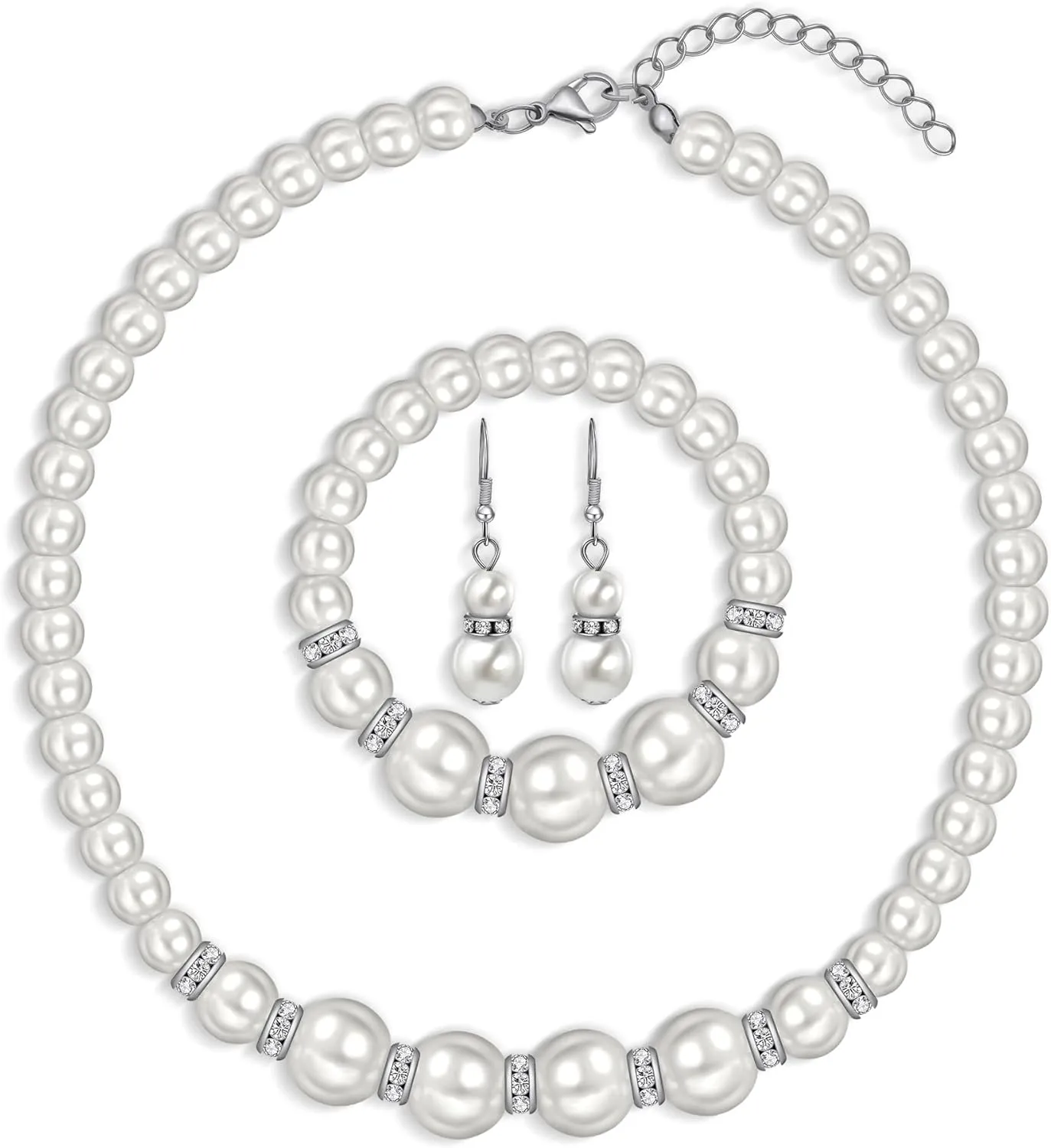 Pearl Necklace and Earrings Set, Bracelets Sets Simulated Pearl Bride Wedding Jewelry Set Accessories Wedding Necklace Jewelry Silver Gold Birthday Jewelry for Women
