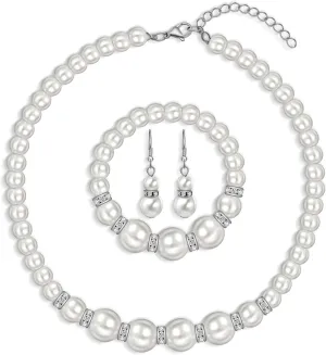 Pearl Necklace and Earrings Set, Bracelets Sets Simulated Pearl Bride Wedding Jewelry Set Accessories Wedding Necklace Jewelry Silver Gold Birthday Jewelry for Women