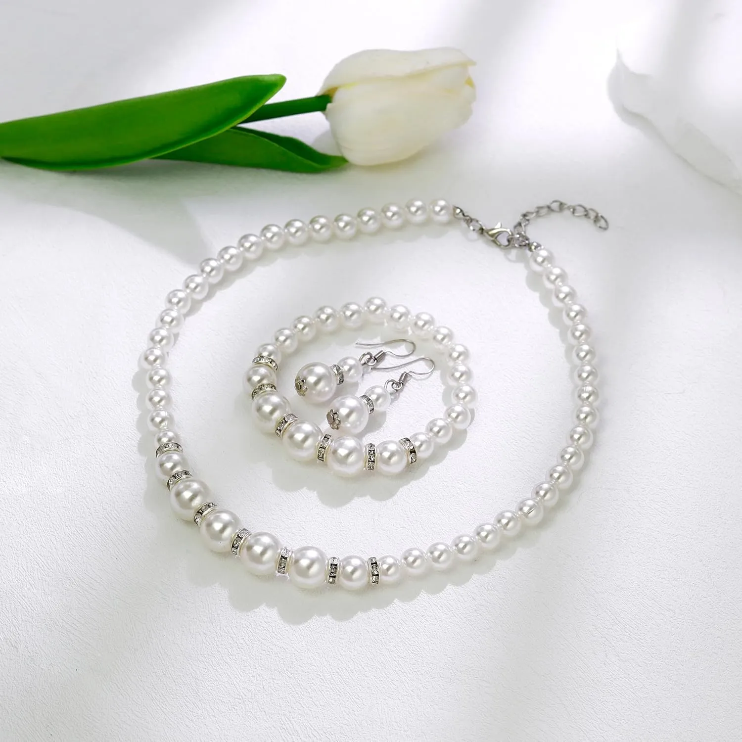 Pearl Necklace and Earrings Set, Bracelets Sets Simulated Pearl Bride Wedding Jewelry Set Accessories Wedding Necklace Jewelry Silver Gold Birthday Jewelry for Women