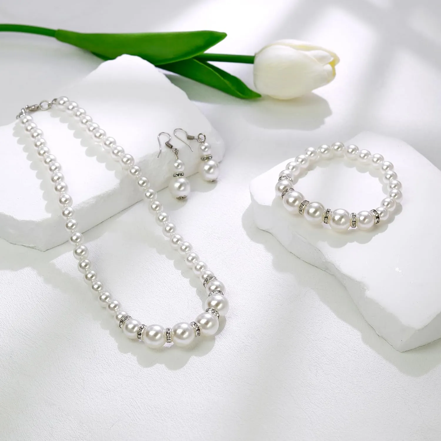 Pearl Necklace and Earrings Set, Bracelets Sets Simulated Pearl Bride Wedding Jewelry Set Accessories Wedding Necklace Jewelry Silver Gold Birthday Jewelry for Women
