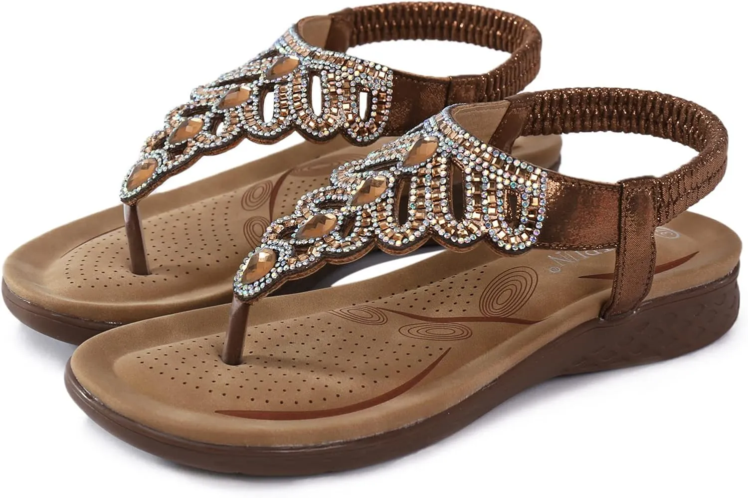 peqiut Orthopedic Wedge Sandals for Women Women's Bohemian Flower Rhinestone Casual Flat Sandals Fashion Ankle Strap Sandals