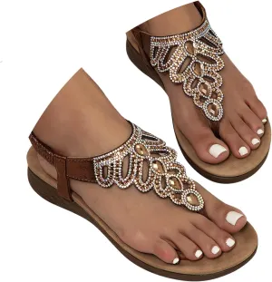 peqiut Orthopedic Wedge Sandals for Women Women's Bohemian Flower Rhinestone Casual Flat Sandals Fashion Ankle Strap Sandals