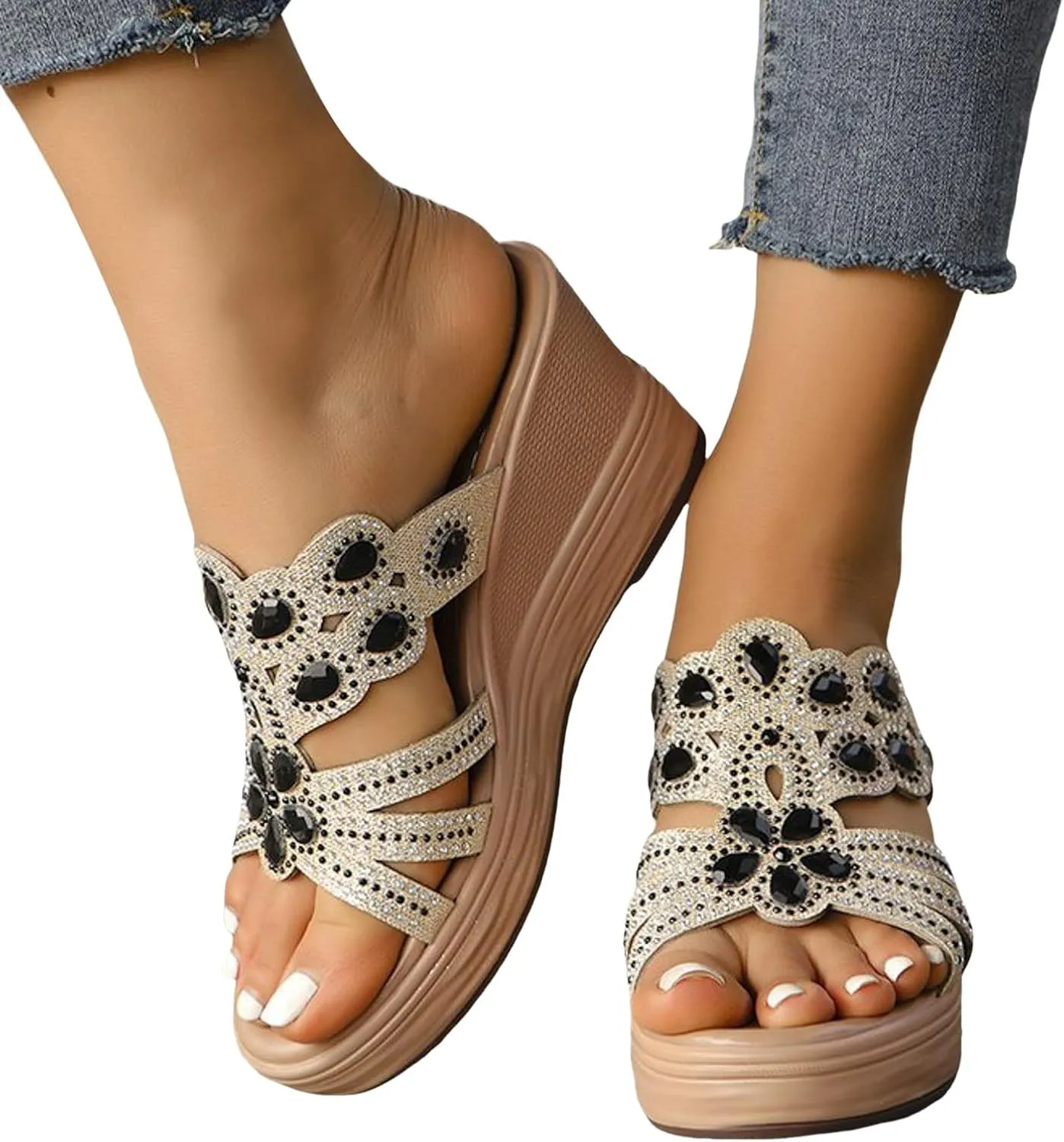 peqiut Women's Sandal Dressy Summer Wedge Orthopedic Sandals for Women Comfortable Outdoor Diamond Boho Sandals Casual Slides