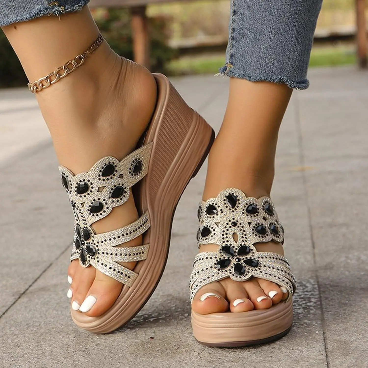 peqiut Women's Sandal Dressy Summer Wedge Orthopedic Sandals for Women Comfortable Outdoor Diamond Boho Sandals Casual Slides