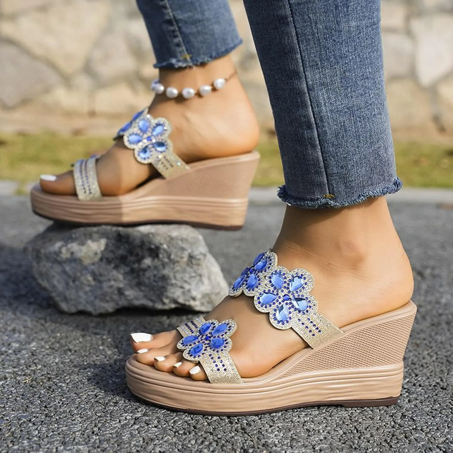 peqiut Women's Sandal Dressy Summer Wedge Orthopedic Sandals for Women Comfortable Outdoor Jeweled Boho Sandals Casual Slides