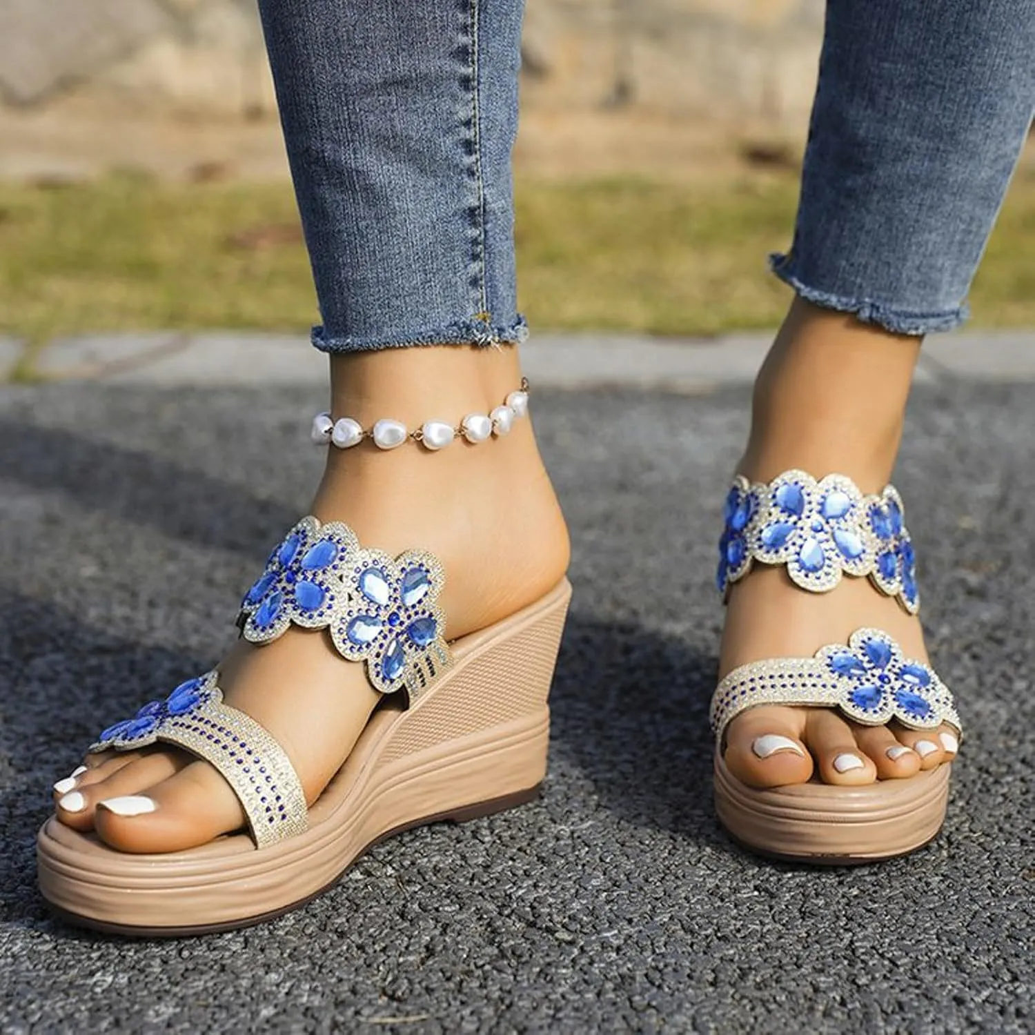 peqiut Women's Sandal Dressy Summer Wedge Orthopedic Sandals for Women Comfortable Outdoor Jeweled Boho Sandals Casual Slides