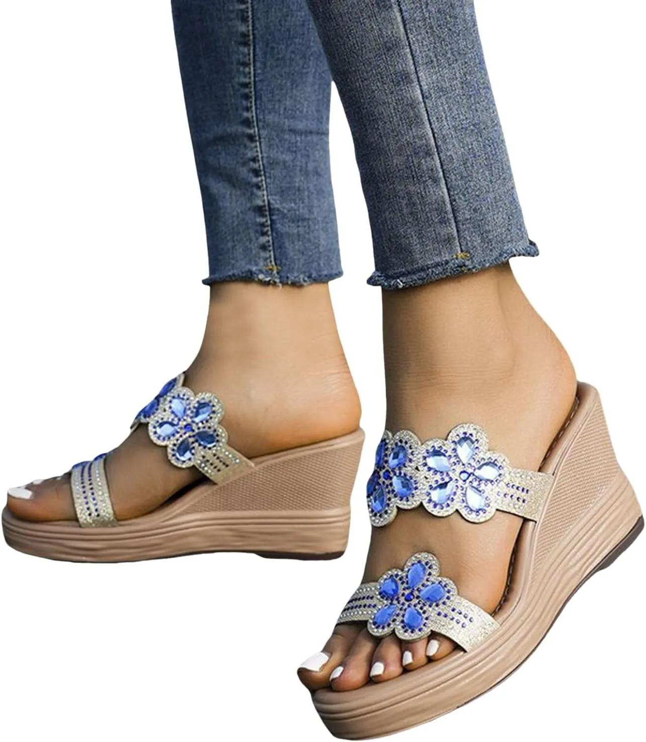 peqiut Women's Sandal Dressy Summer Wedge Orthopedic Sandals for Women Comfortable Outdoor Jeweled Boho Sandals Casual Slides