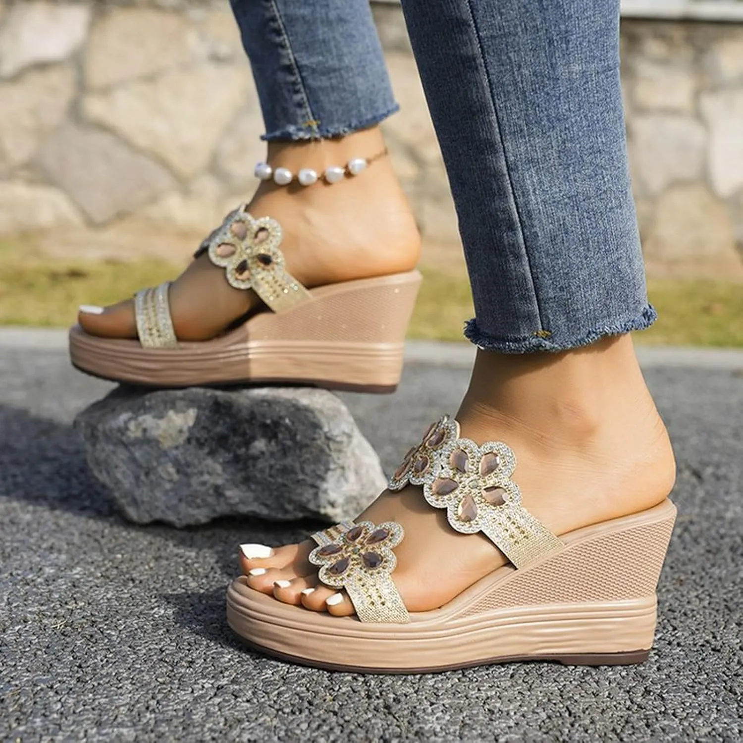 peqiut Women's Sandal Dressy Summer Wedge Orthopedic Sandals for Women Comfortable Outdoor Jeweled Boho Sandals Casual Slides