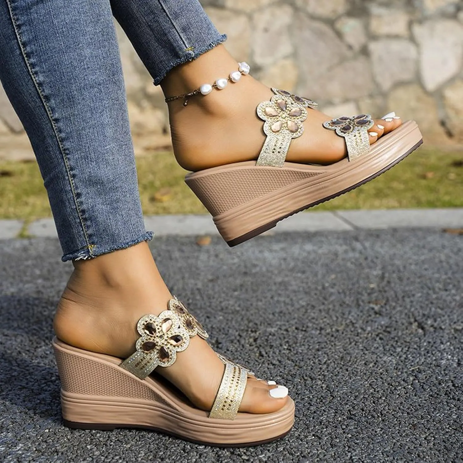 peqiut Women's Sandal Dressy Summer Wedge Orthopedic Sandals for Women Comfortable Outdoor Jeweled Boho Sandals Casual Slides