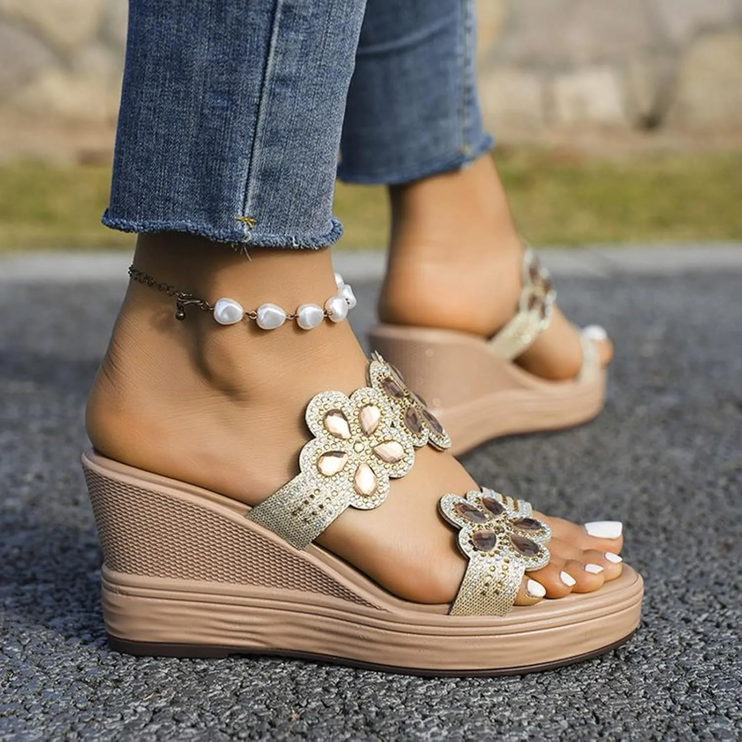peqiut Women's Sandal Dressy Summer Wedge Orthopedic Sandals for Women Comfortable Outdoor Jeweled Boho Sandals Casual Slides