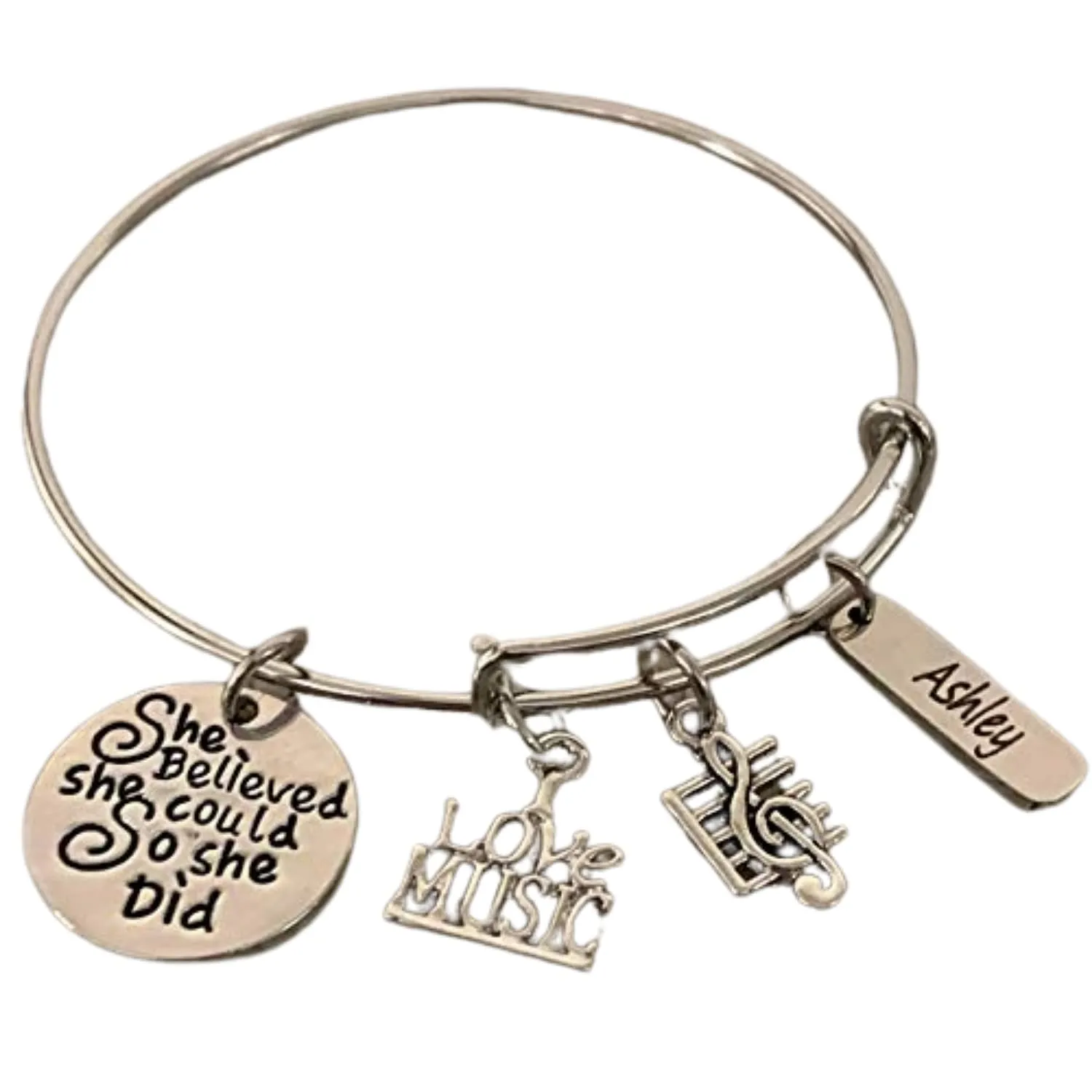 Personalized Engraved Music Charm Bracelet - Music Jewelry - Music Gift - She Believed She Could so She Did Jewelry - Music Note-Music Lover Jewelry Gift