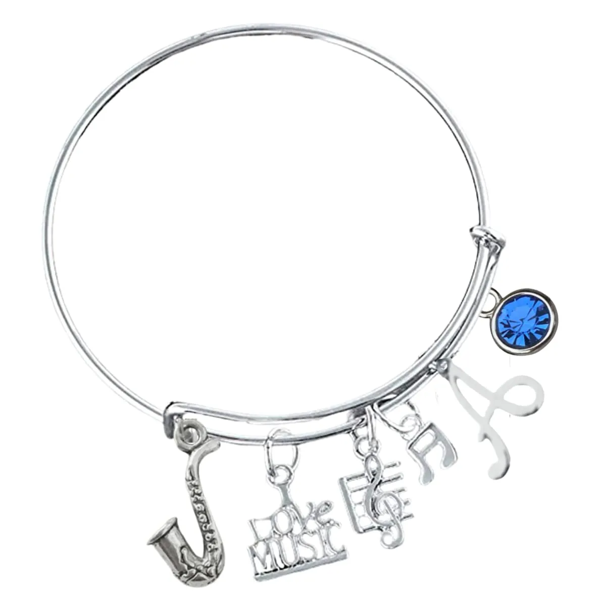 Personalized Saxophone Charm Initial and Birthstone Bangle Bracelet - Music Jewelry Gift - Saxophone Jewelry - Marching Band Bracelet -Music Lover Jewelry Gift for Women and Teens