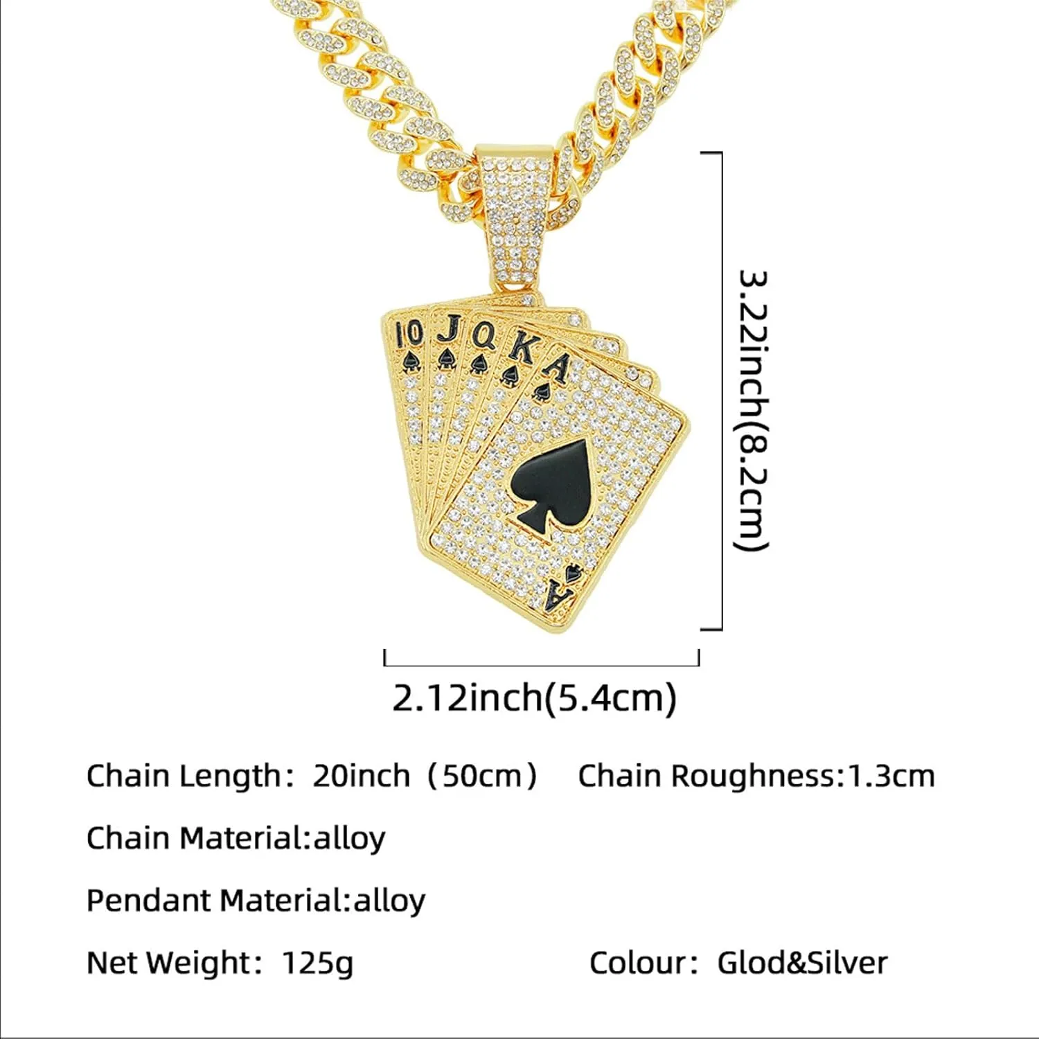Playing card Hip-hop Cuban Chain, Rhinestone Pendant Necklace Jewelry For MenMen's Fashion Jewelry