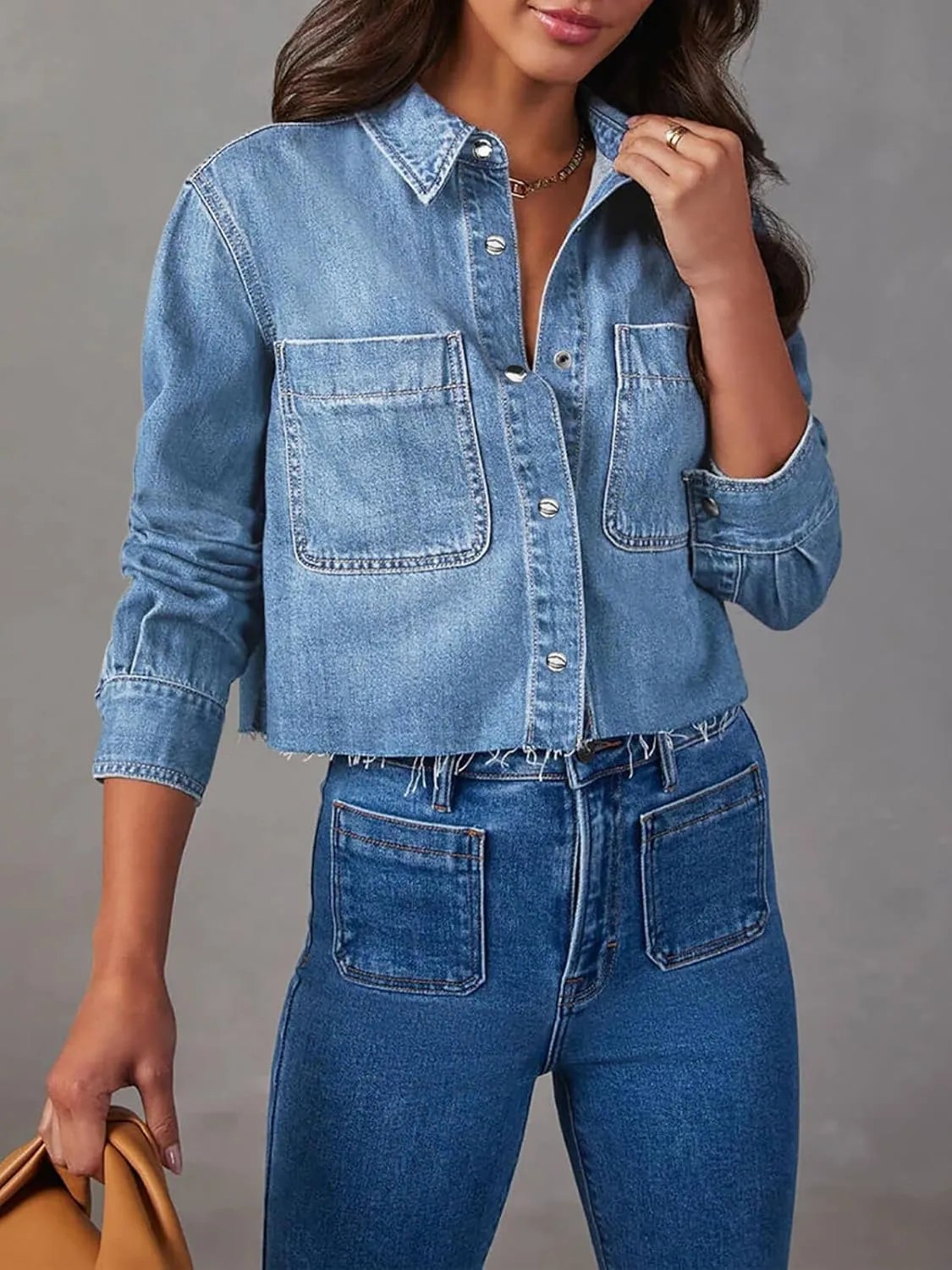 PLNOTME Womens Cropped Denim Jackets Long Sleeve Button Down Raw Hem Casual Jean Shirts